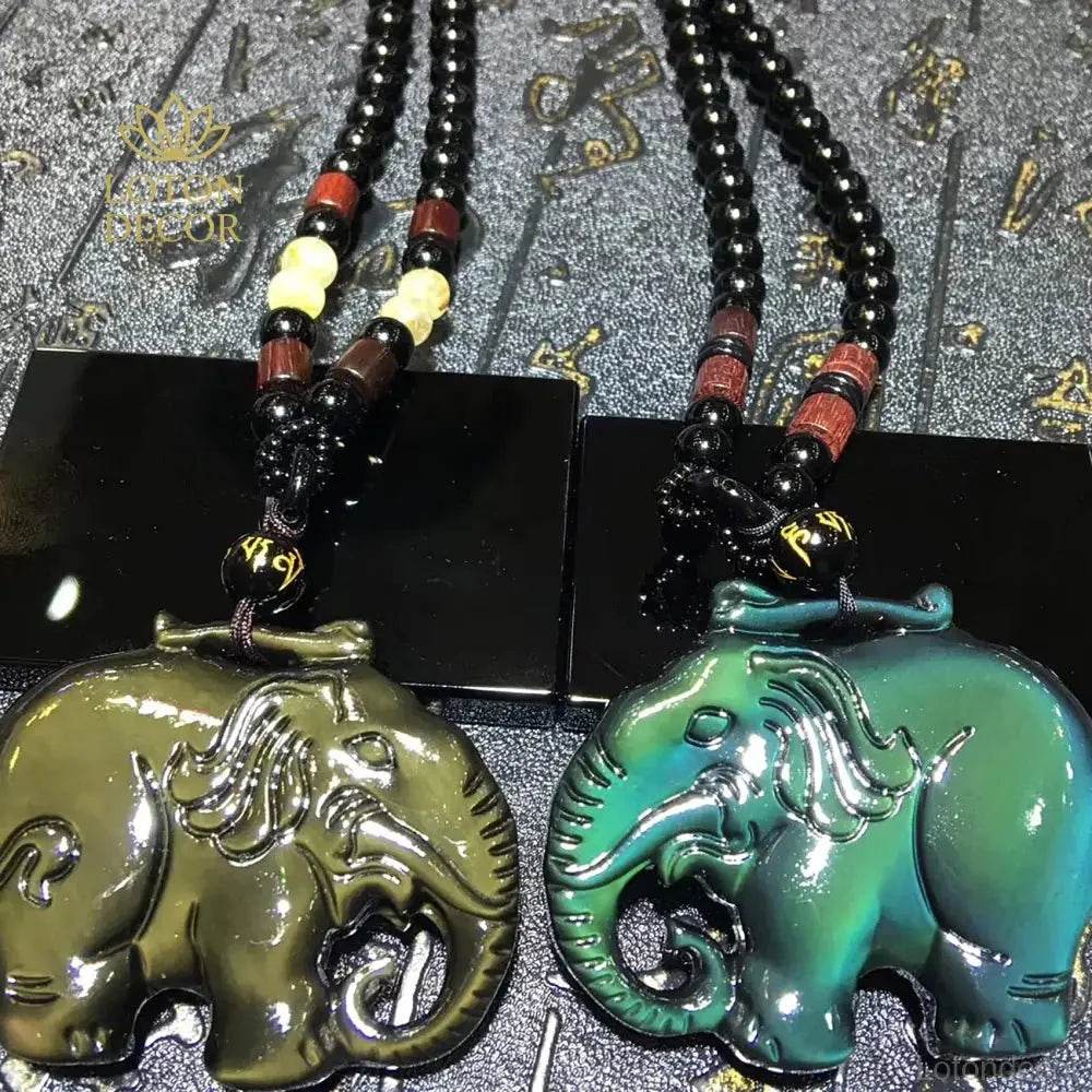 Elephant Pendant Necklace – Obsidian Feng Shui Protection - Loton Decor