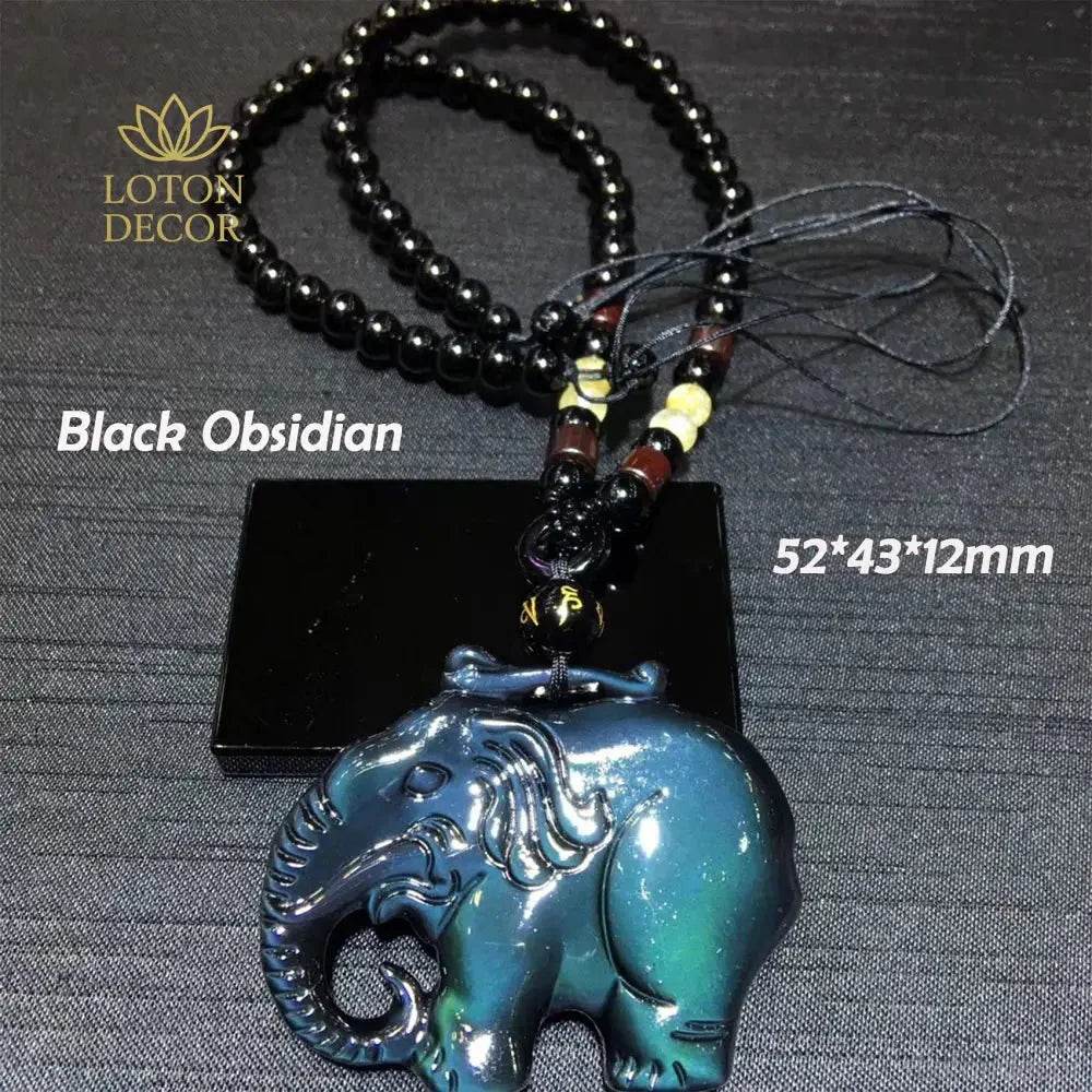 Elephant Pendant Necklace – Obsidian Feng Shui Protection - Loton Decor