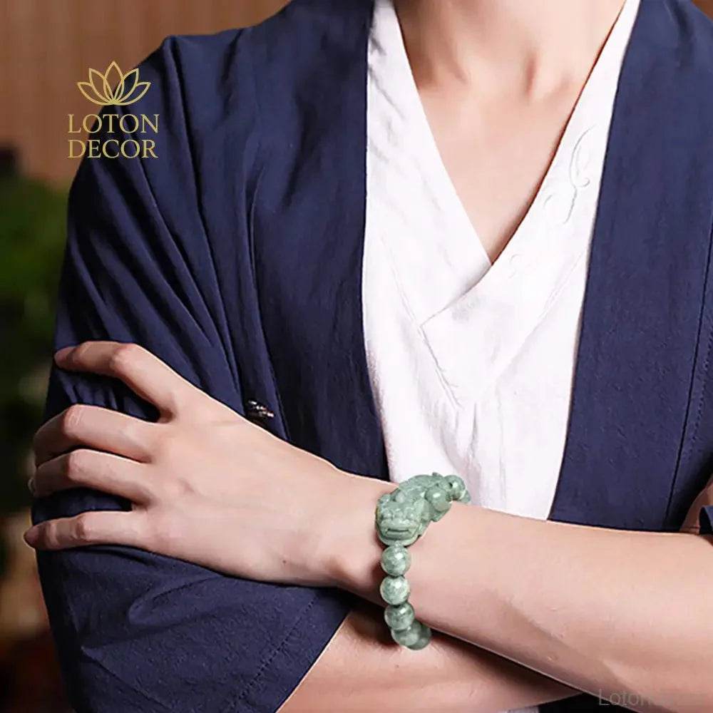 Emerald Jade Pixiu Bracelet – Stretchy Wealth Amulet Unisex - Loton Decor