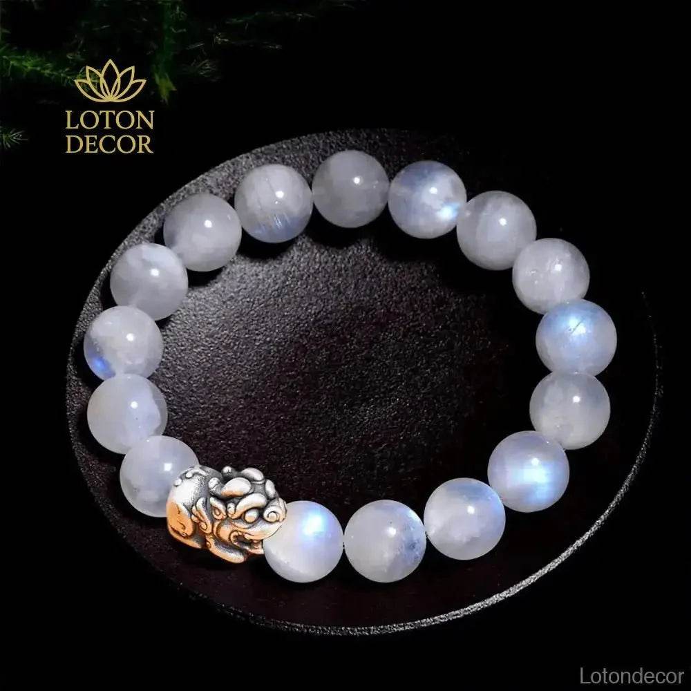 Feng Shui 999 Pure Silver Pi Xiu Bracelet 7A Moonstone Pi Yao Charm Amulet - Loton Decor