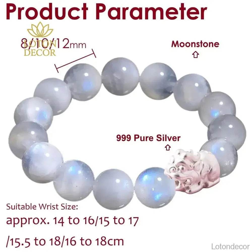 Feng Shui 999 Pure Silver Pi Xiu Bracelet 7A Moonstone Pi Yao Charm Amulet - Loton Decor