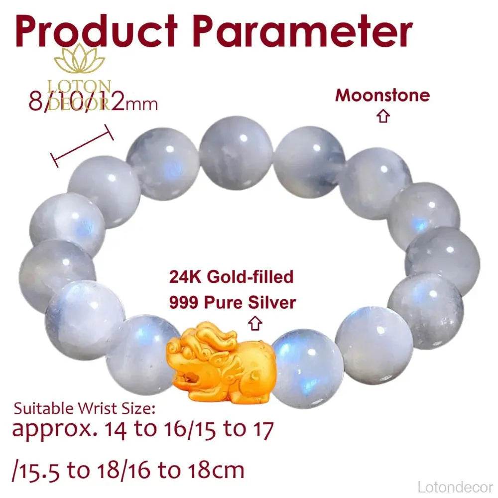 Feng Shui 999 Pure Silver Pi Xiu Bracelet 7A Moonstone Pi Yao Charm Amulet - Loton Decor