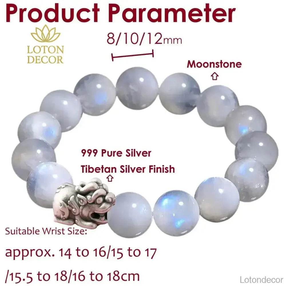Feng Shui 999 Pure Silver Pi Xiu Bracelet 7A Moonstone Pi Yao Charm Amulet - Loton Decor