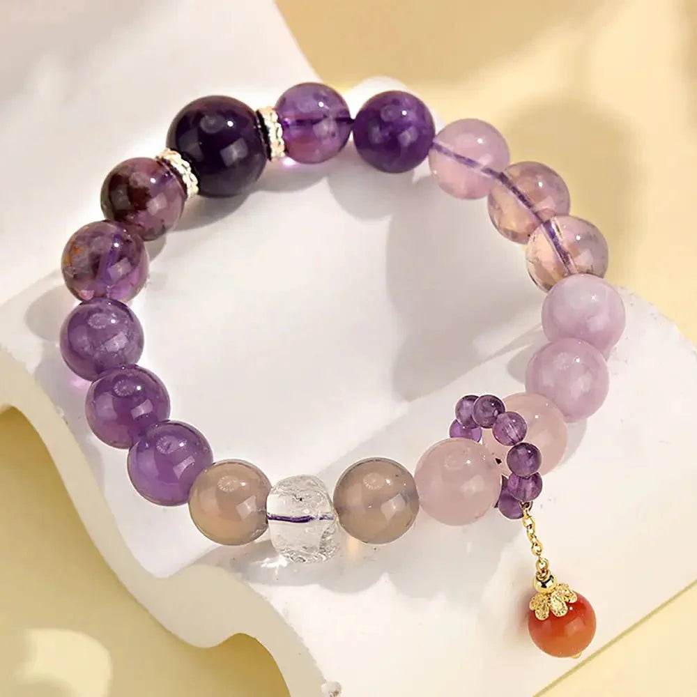 Feng Shui Crystal Bracelet Nine Purple Fire Luck Amethyst Multi-Gem Bangle Purple - Loton Decor