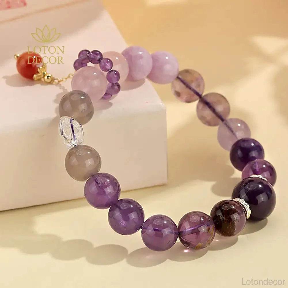 Feng Shui Crystal Bracelet Nine Purple Fire Luck Amethyst Multi-Gem Bangle Purple - Loton Decor