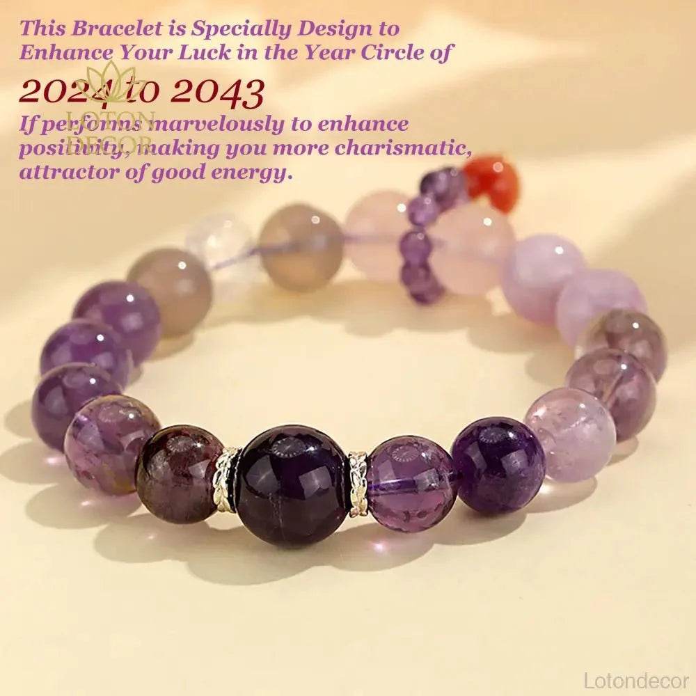 Feng Shui Crystal Bracelet Nine Purple Fire Luck Amethyst Multi-Gem Bangle Purple - Loton Decor