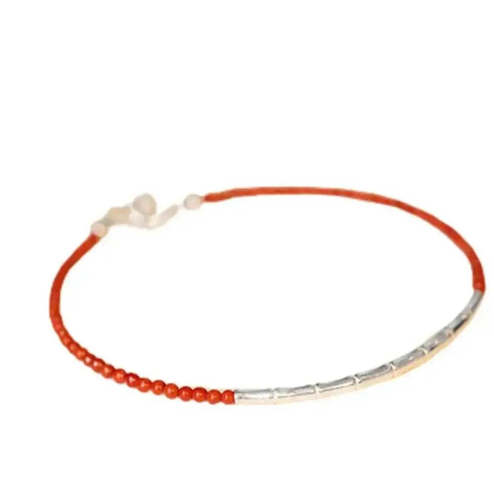 Feng Shui Red Agate Silver Bracelet with Bamboo Charm – Lucky & Adjustable - Loton Decor