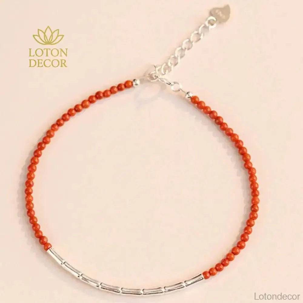 Feng Shui Red Agate Silver Bracelet with Bamboo Charm – Lucky & Adjustable - Loton Decor