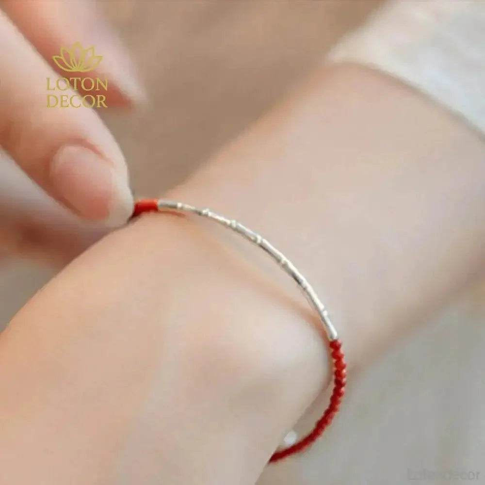 Feng Shui Red Agate Silver Bracelet with Bamboo Charm – Lucky & Adjustable - Loton Decor
