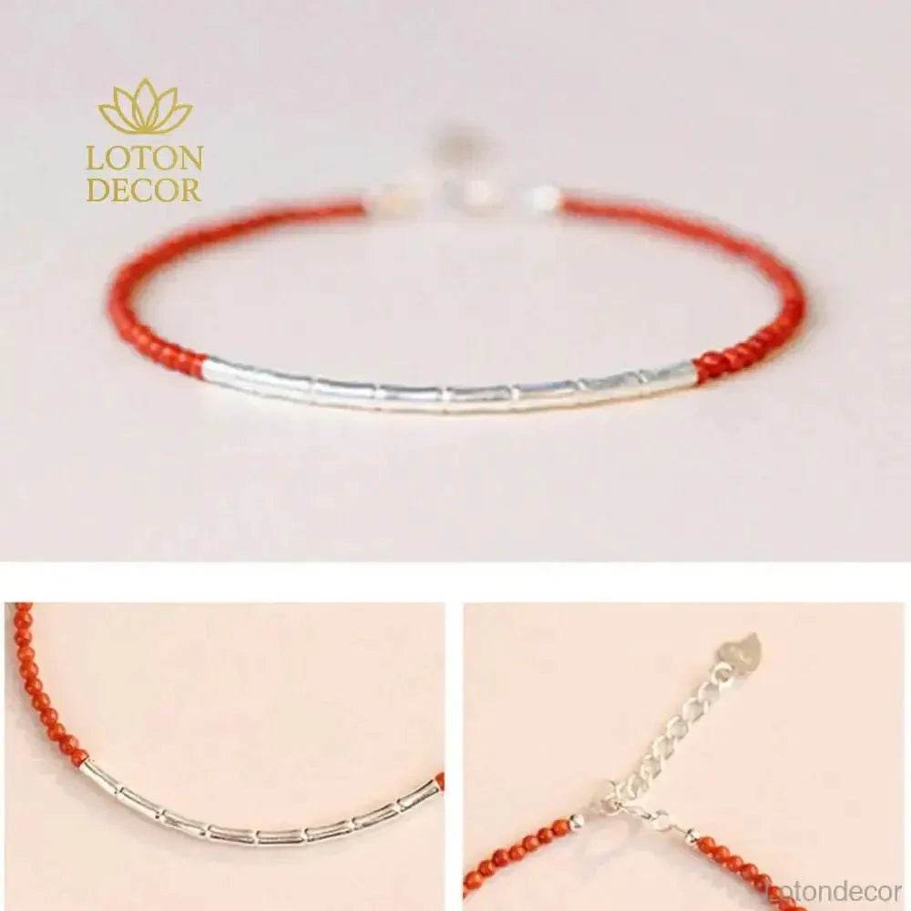 Feng Shui Red Agate Silver Bracelet with Bamboo Charm – Lucky & Adjustable - Loton Decor