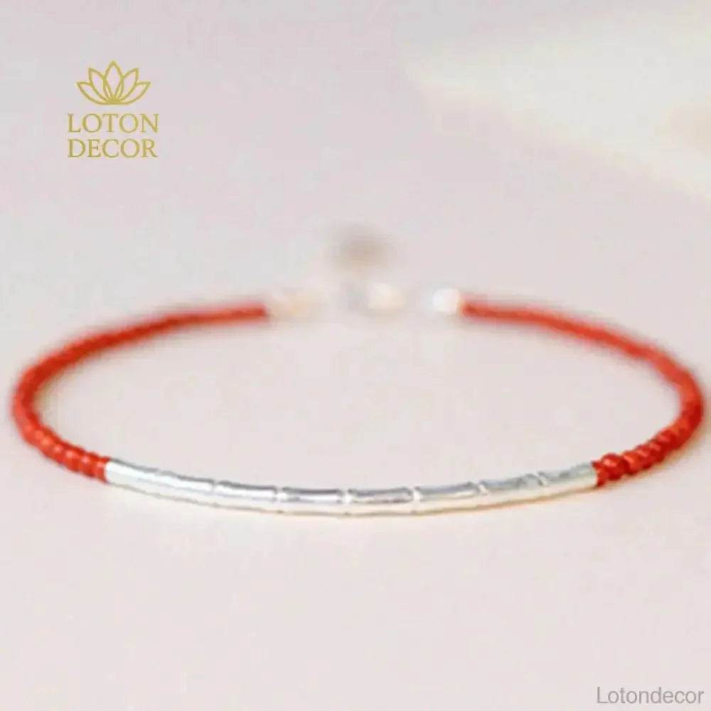 Feng Shui Red Agate Silver Bracelet with Bamboo Charm – Lucky & Adjustable - Loton Decor