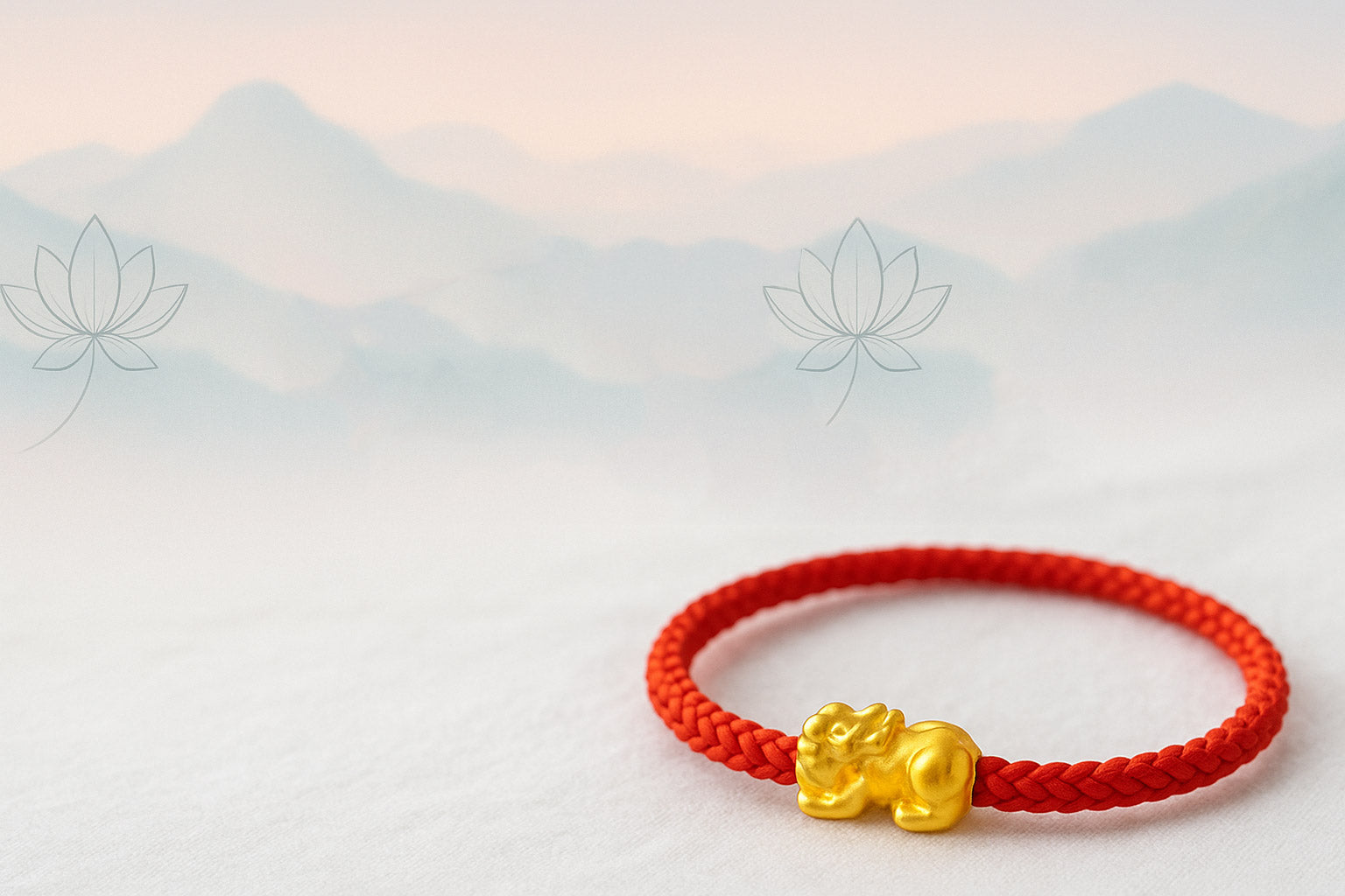 Feng Shui bracelet with red cord and golden Pixiu charm, symbolizing wealth, love, and protection. Free shipping worldwide.
