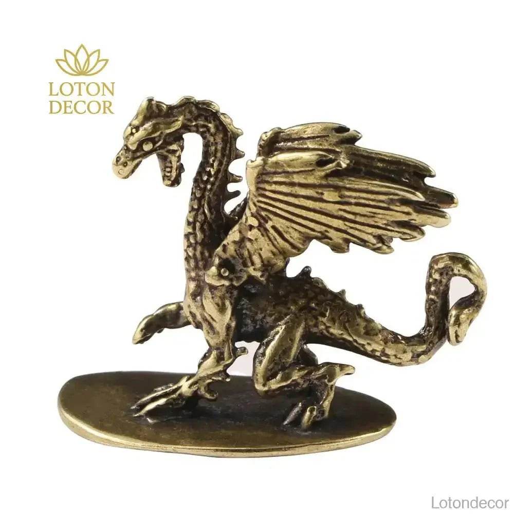Fire Dragon Solid Brass Statue Medieval Fantasy Metal Art Winged Dragon Gothic Animal Sculpture - Loton Decor