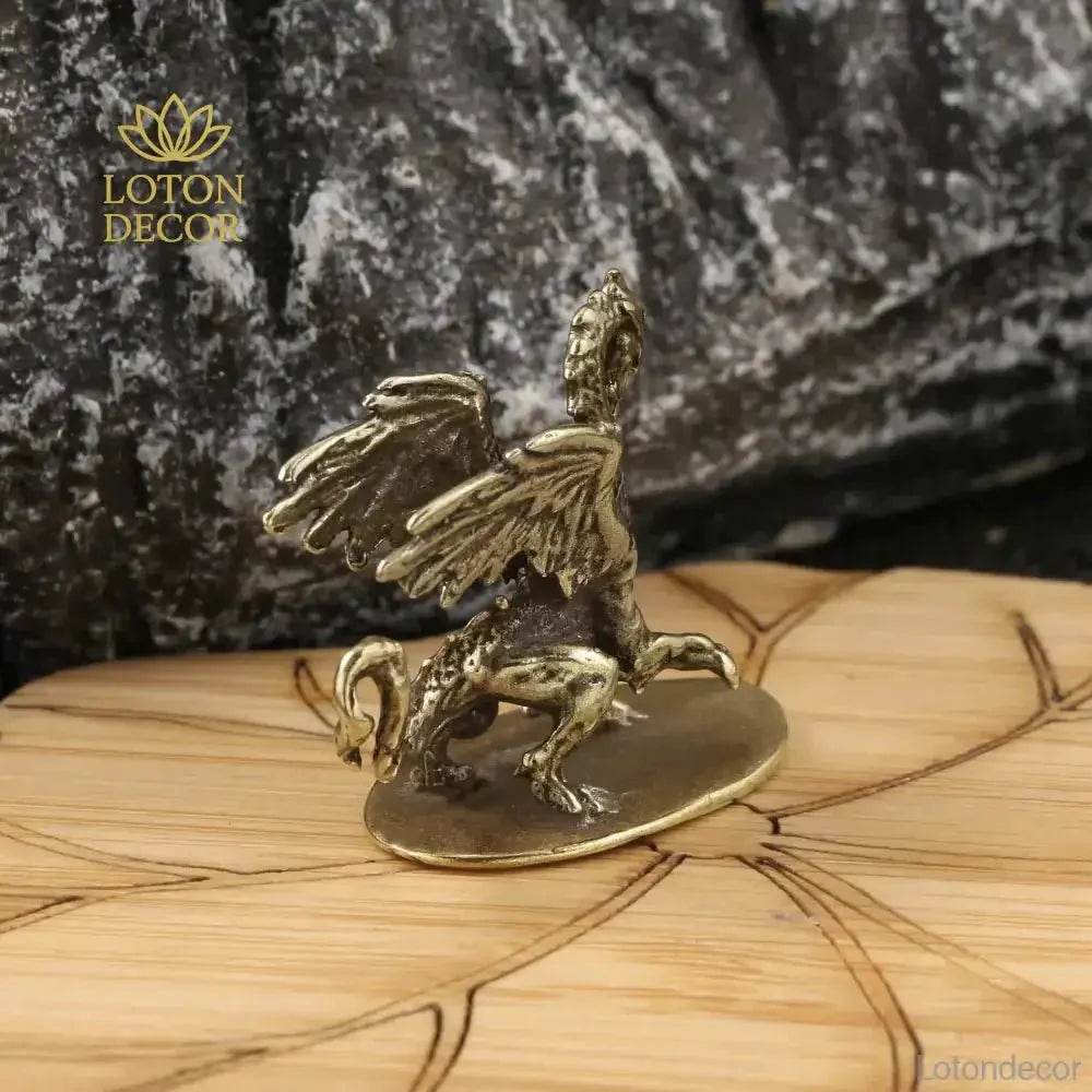 Fire Dragon Solid Brass Statue Medieval Fantasy Metal Art Winged Dragon Gothic Animal Sculpture - Loton Decor