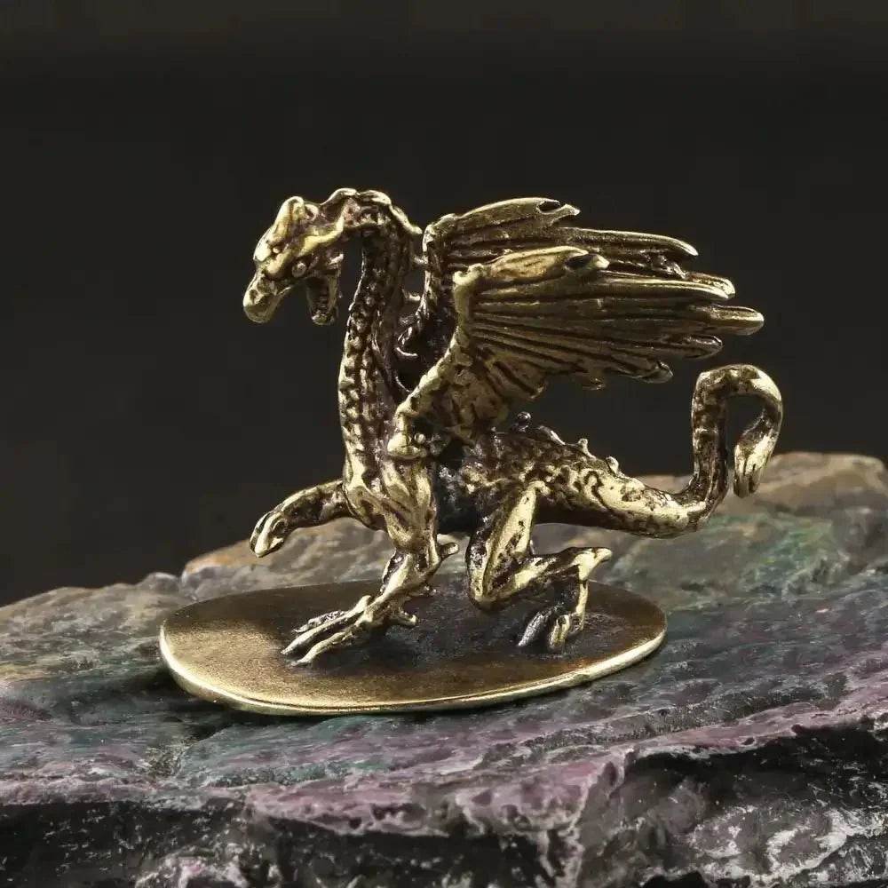 Fire Dragon Solid Brass Statue Medieval Fantasy Metal Art Winged Dragon Gothic Animal Sculpture - Loton Decor