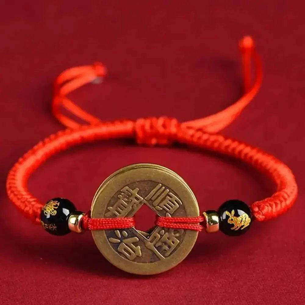 Five Coins Feng Shui Bracelet – Red String Wealth Charm - Loton Decor