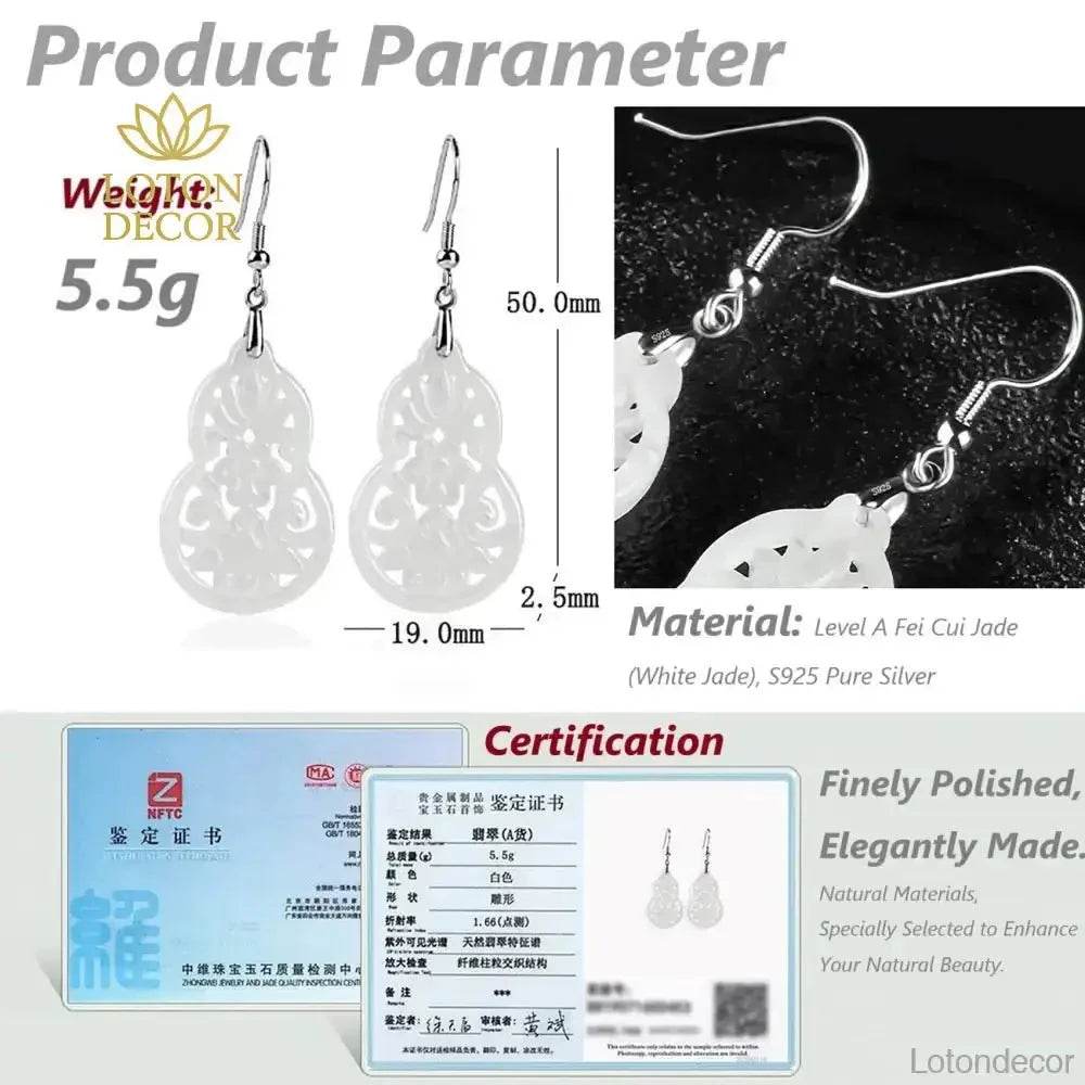 Flower Engraved Jade Earrings Longevity Gourd Pure Silver Parts Light Shade Jadeit - Loton Decor