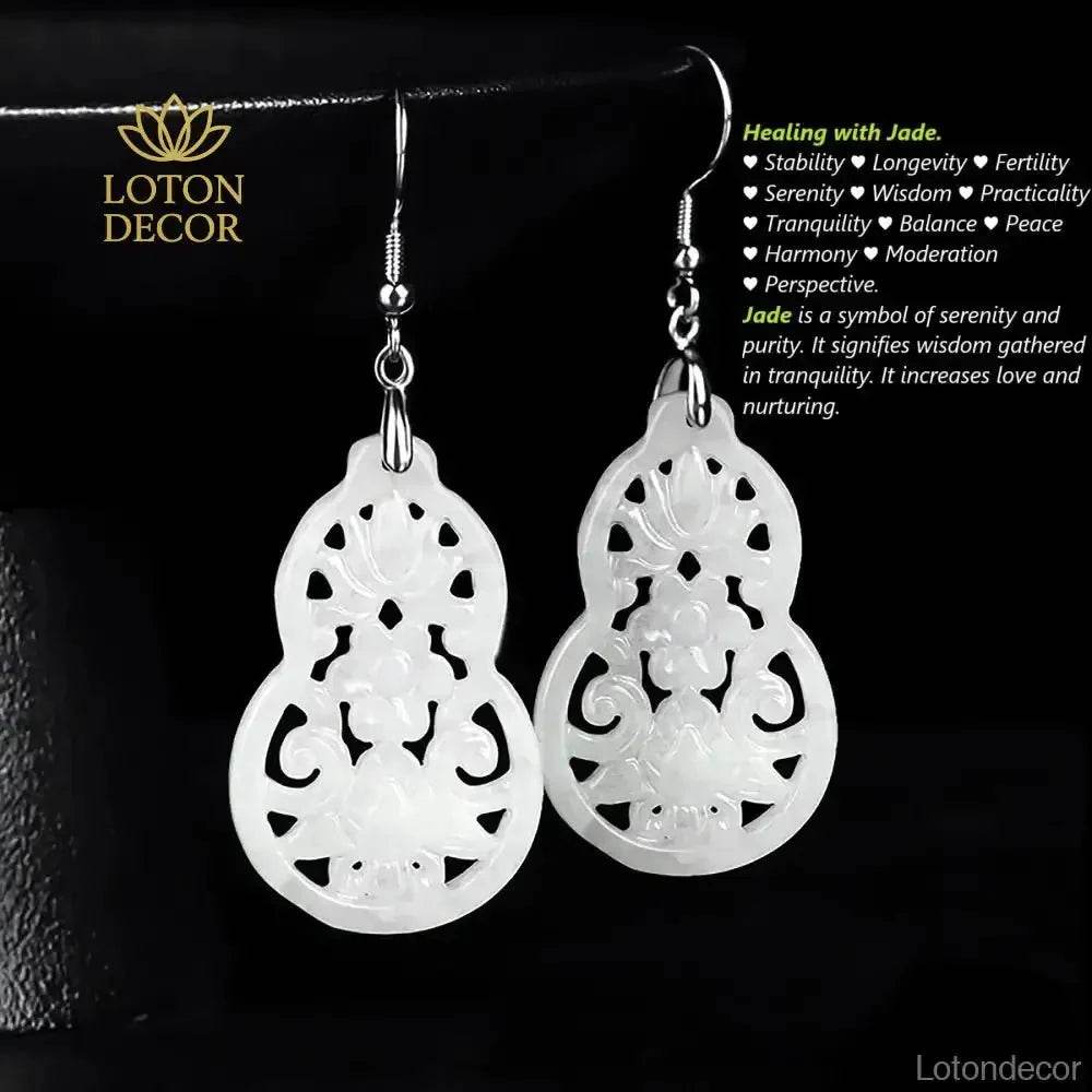 Flower Engraved Jade Earrings Longevity Gourd Pure Silver Parts Light Shade Jadeit - Loton Decor