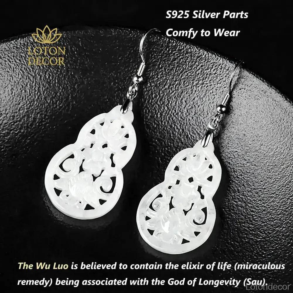 Flower Engraved Jade Earrings Longevity Gourd Pure Silver Parts Light Shade Jadeit - Loton Decor