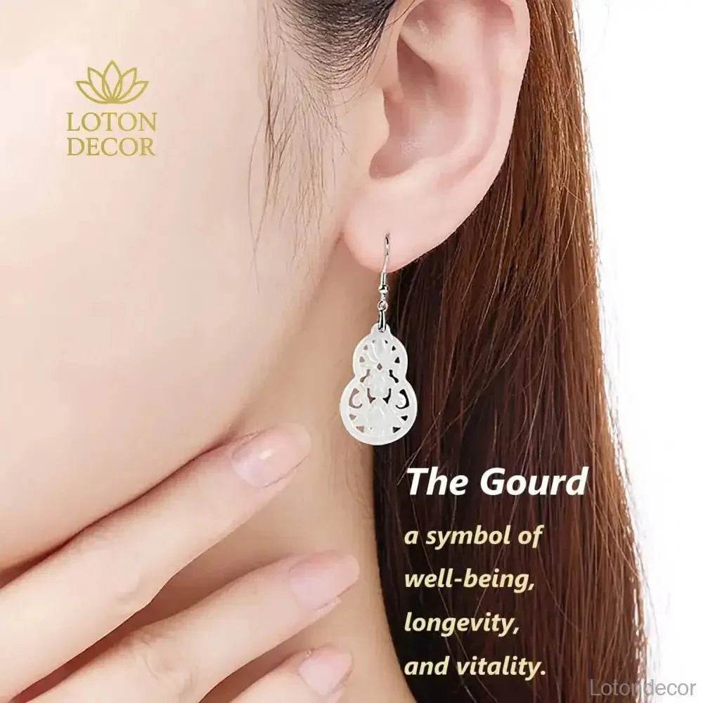 Flower Engraved Jade Earrings Longevity Gourd Pure Silver Parts Light Shade Jadeit - Loton Decor