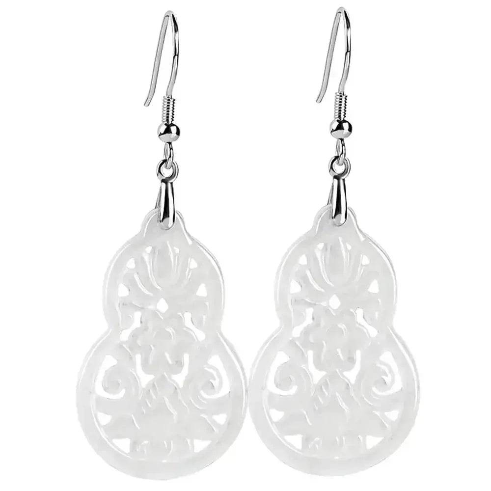Flower Engraved Jade Earrings Longevity Gourd Pure Silver Parts Light Shade Jadeit - Loton Decor