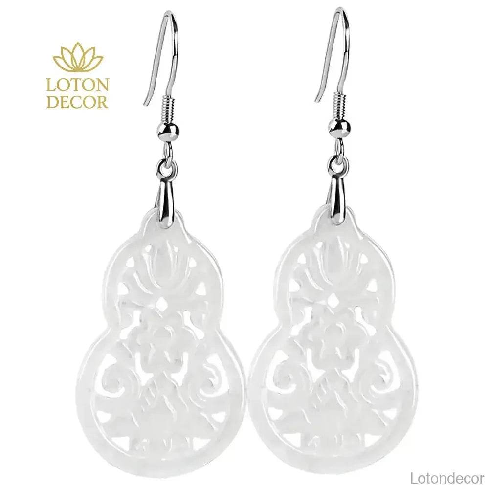 Flower Engraved Jade Earrings Longevity Gourd Pure Silver Parts Light Shade Jadeit - Loton Decor