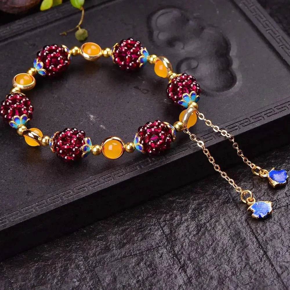 Garnet Grape Ball Bracelet – Feng Shui Wealth Tassel Charm - Loton Decor