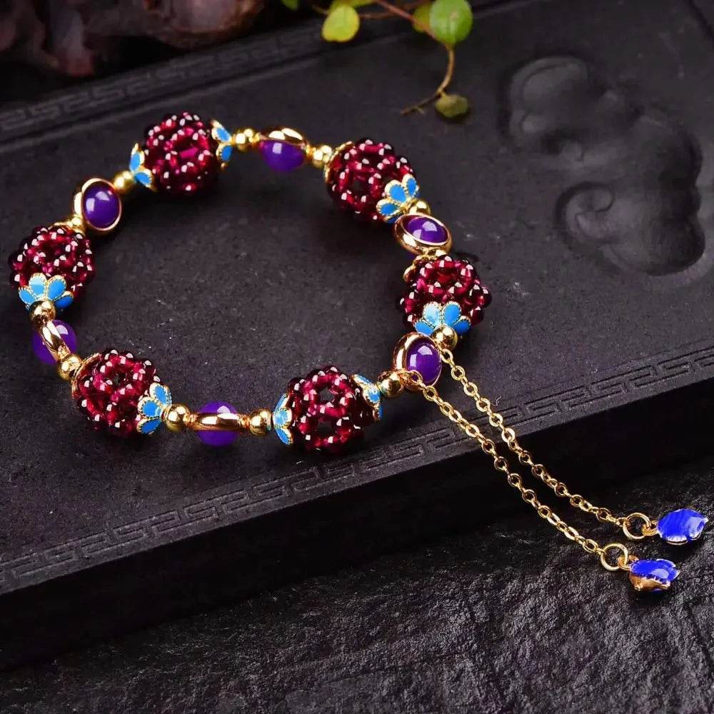 Garnet Grape Ball Bracelet – Feng Shui Wealth Tassel Charm - Loton Decor