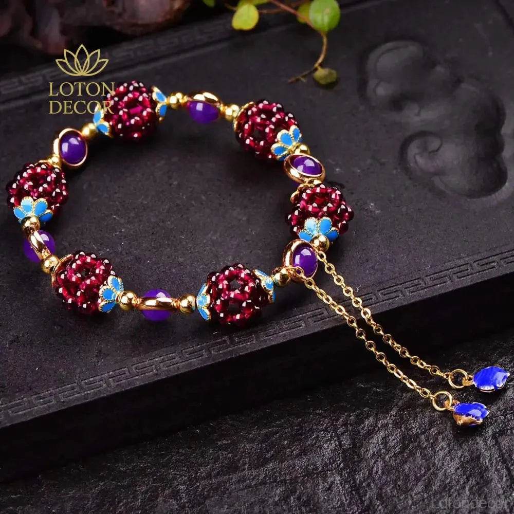 Garnet Grape Ball Bracelet – Feng Shui Wealth Tassel Charm - Loton Decor