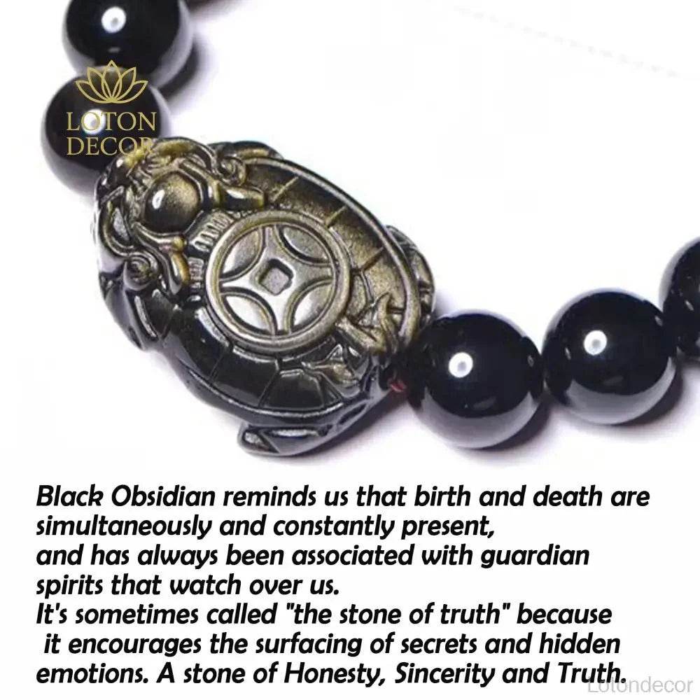 Gold Obsidian Dragon Turtle Feng Shui Wealth Bracelet - Loton Decor