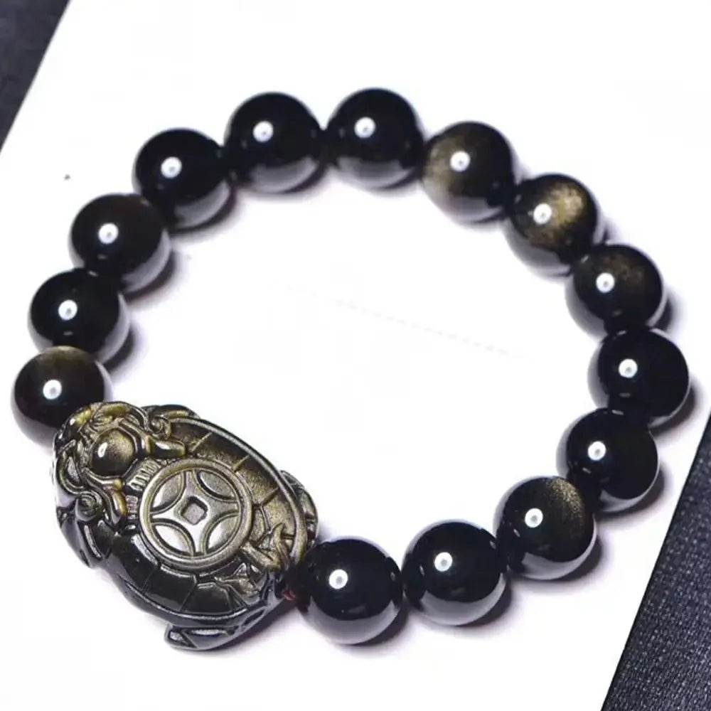 Gold Obsidian Dragon Turtle Feng Shui Wealth Bracelet - Loton Decor