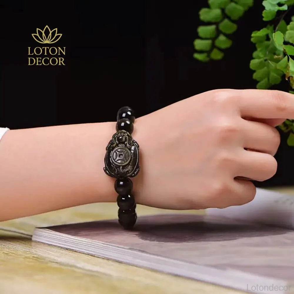 Gold Obsidian Dragon Turtle Feng Shui Wealth Bracelet - Loton Decor