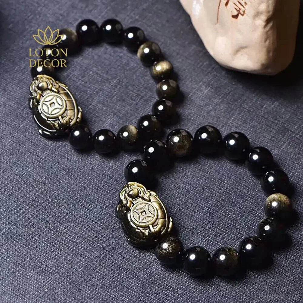 Gold Obsidian Dragon Turtle Feng Shui Wealth Bracelet - Loton Decor