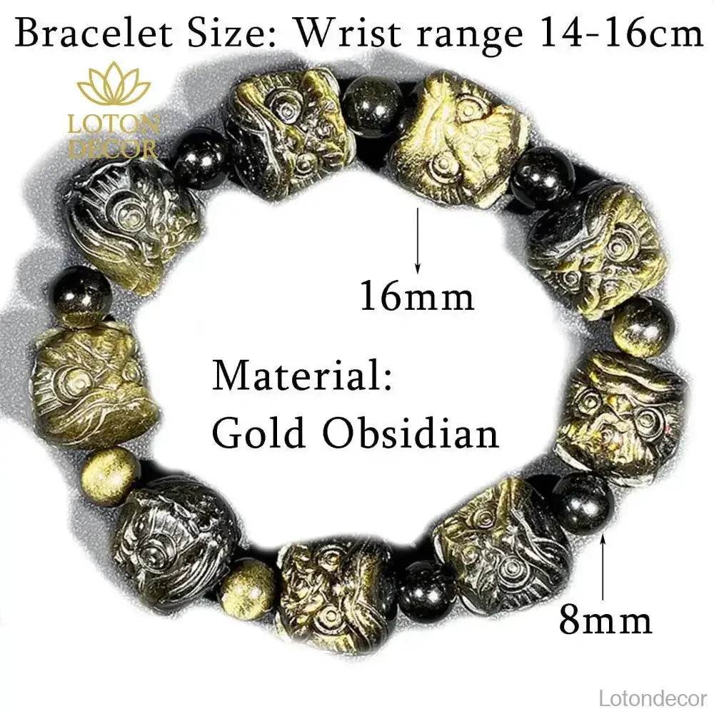 Gold Obsidian Lion Head Bracelet – Feng Shui Wealth Amulet - Loton Decor