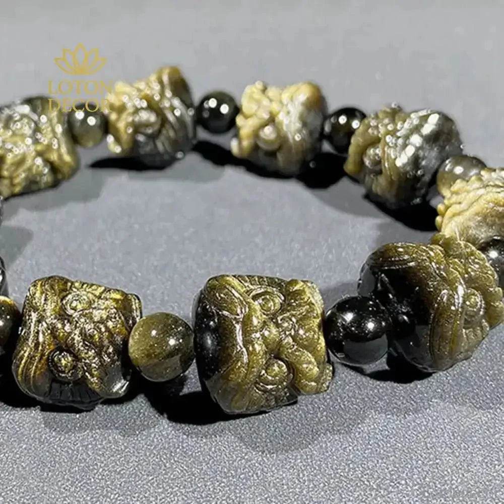 Gold Obsidian Lion Head Bracelet – Feng Shui Wealth Amulet - Loton Decor
