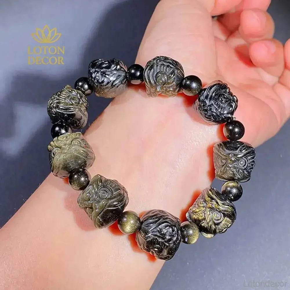 Gold Obsidian Lion Head Bracelet – Feng Shui Wealth Amulet - Loton Decor