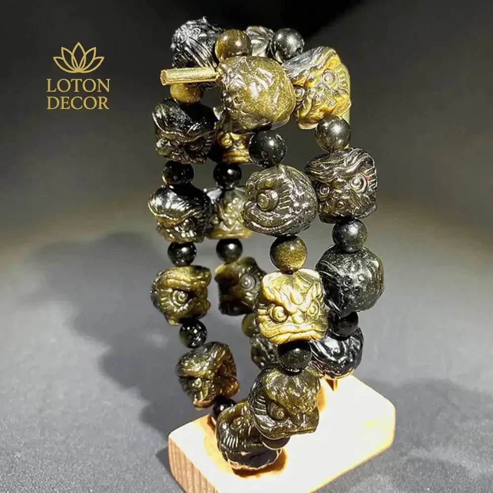 Gold Obsidian Lion Head Bracelet – Feng Shui Wealth Amulet - Loton Decor