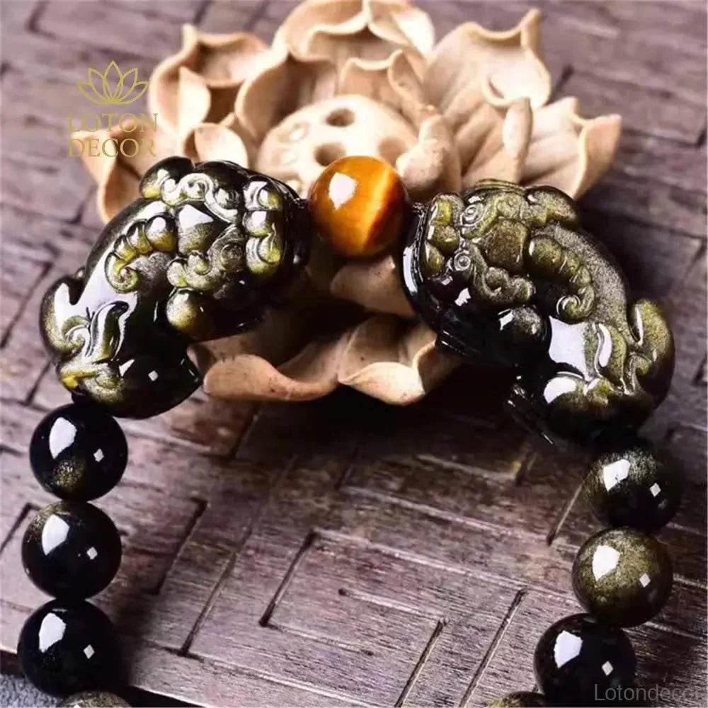 Gold Obsidian Pixiu Bracelet – Wealth & Prosperity Beads - Loton Decor