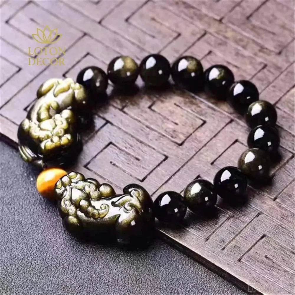 Gold Obsidian Pixiu Bracelet – Wealth & Prosperity Beads - Loton Decor