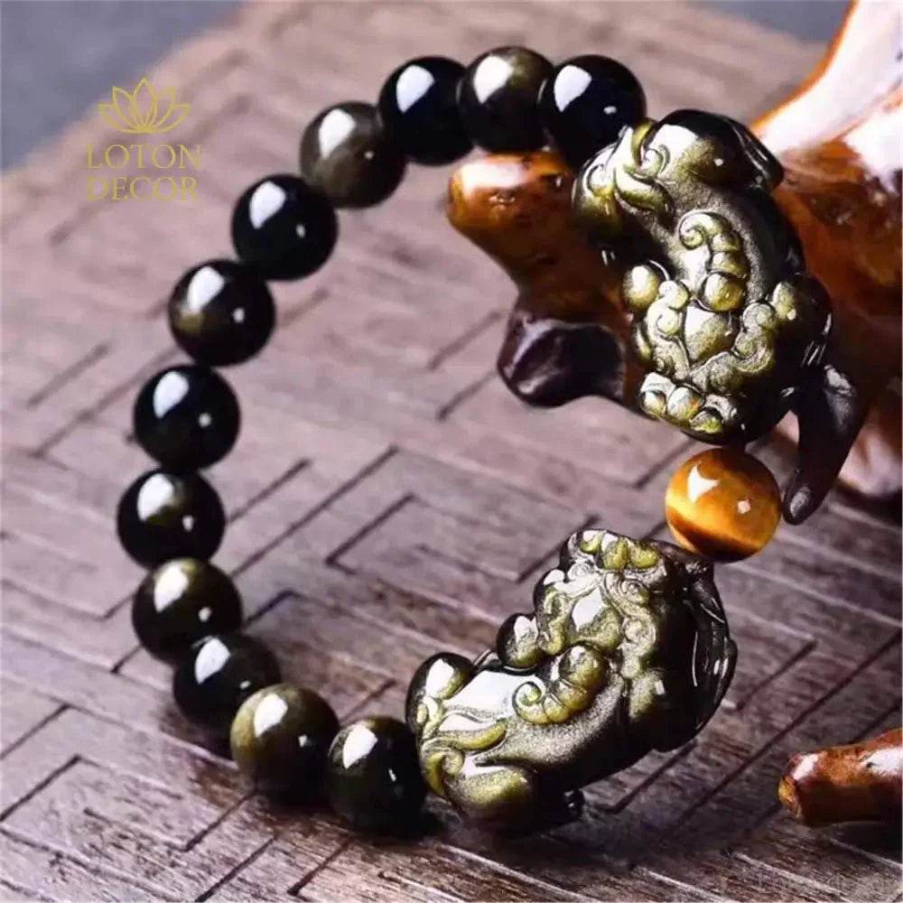 Gold Obsidian Pixiu Bracelet – Wealth & Prosperity Beads - Loton Decor