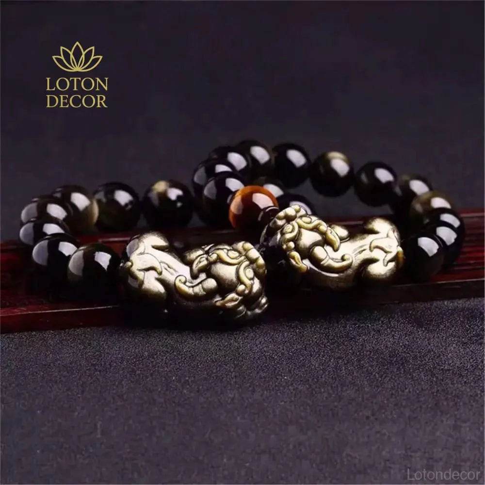 Gold Obsidian Pixiu Bracelet – Wealth & Prosperity Beads - Loton Decor