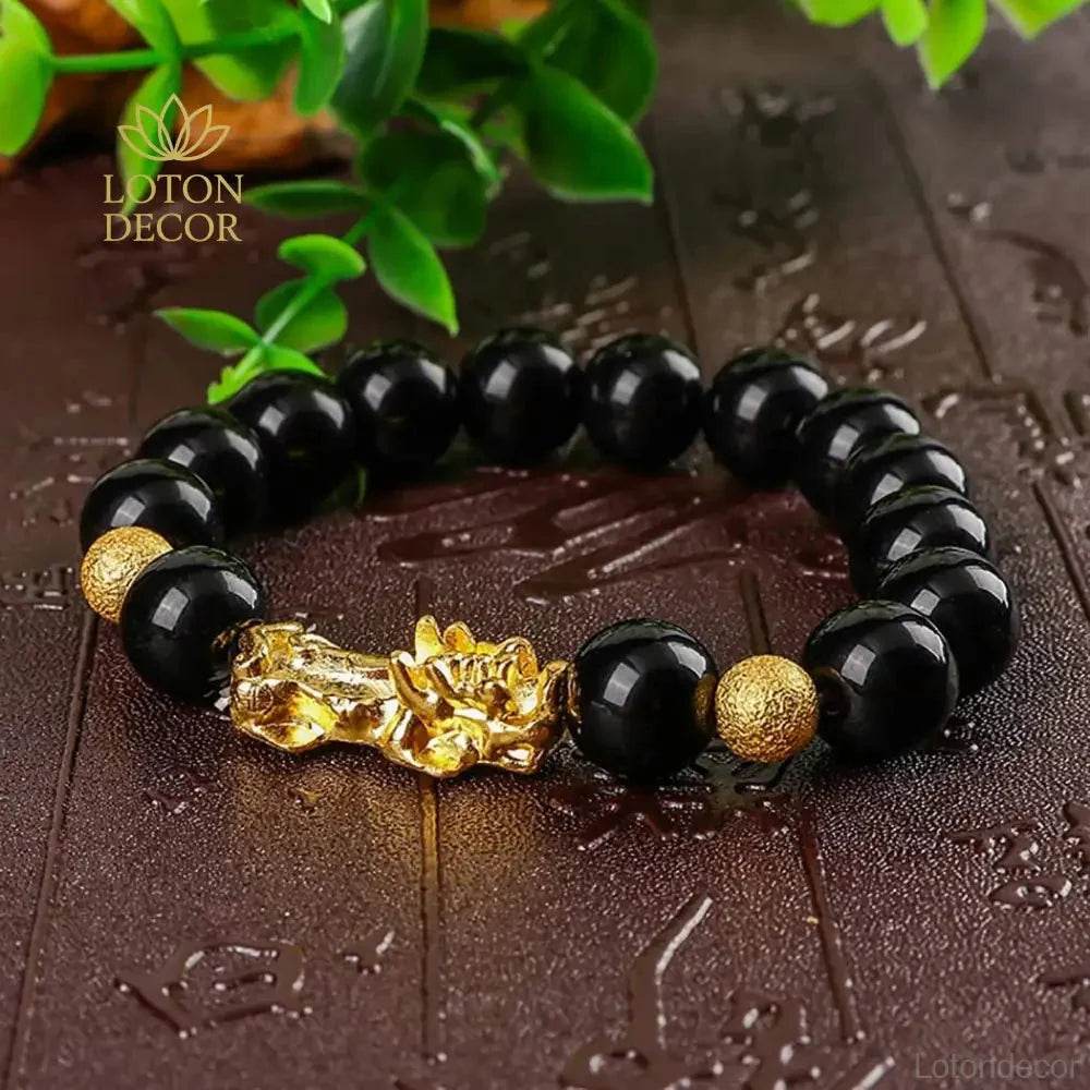 Gold Pi Yao Feng Shui Bracelet – Black Obsidian Amulet - Loton Decor