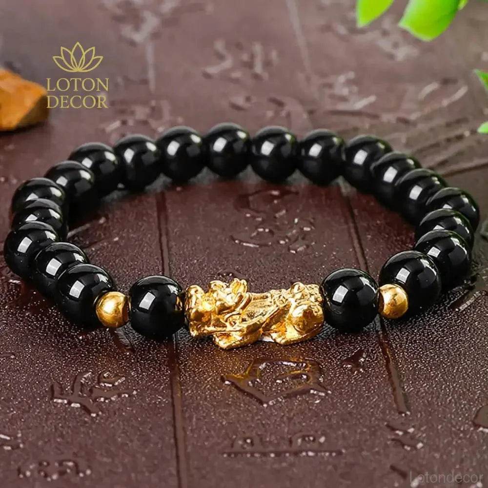 Gold Pi Yao Feng Shui Bracelet – Black Obsidian Amulet - Loton Decor