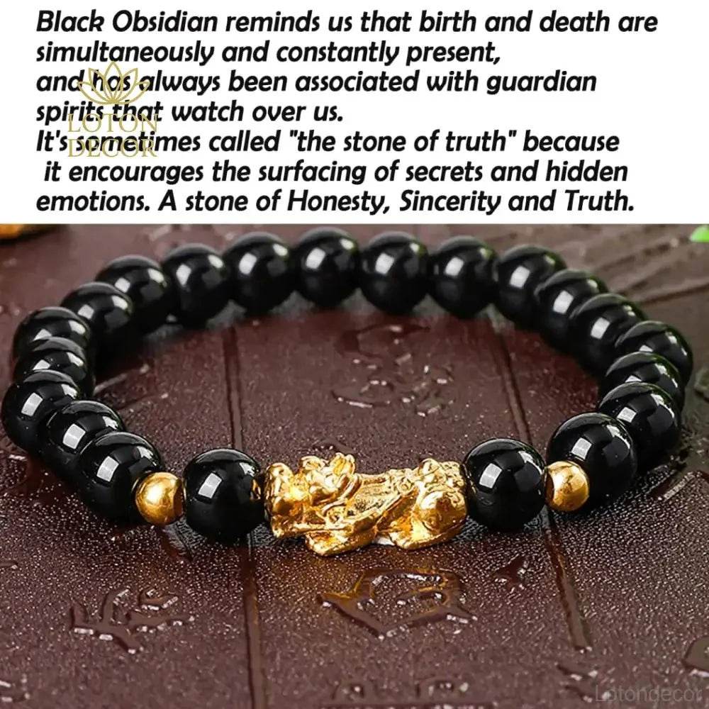 Gold Pi Yao Feng Shui Bracelet – Black Obsidian Amulet - Loton Decor