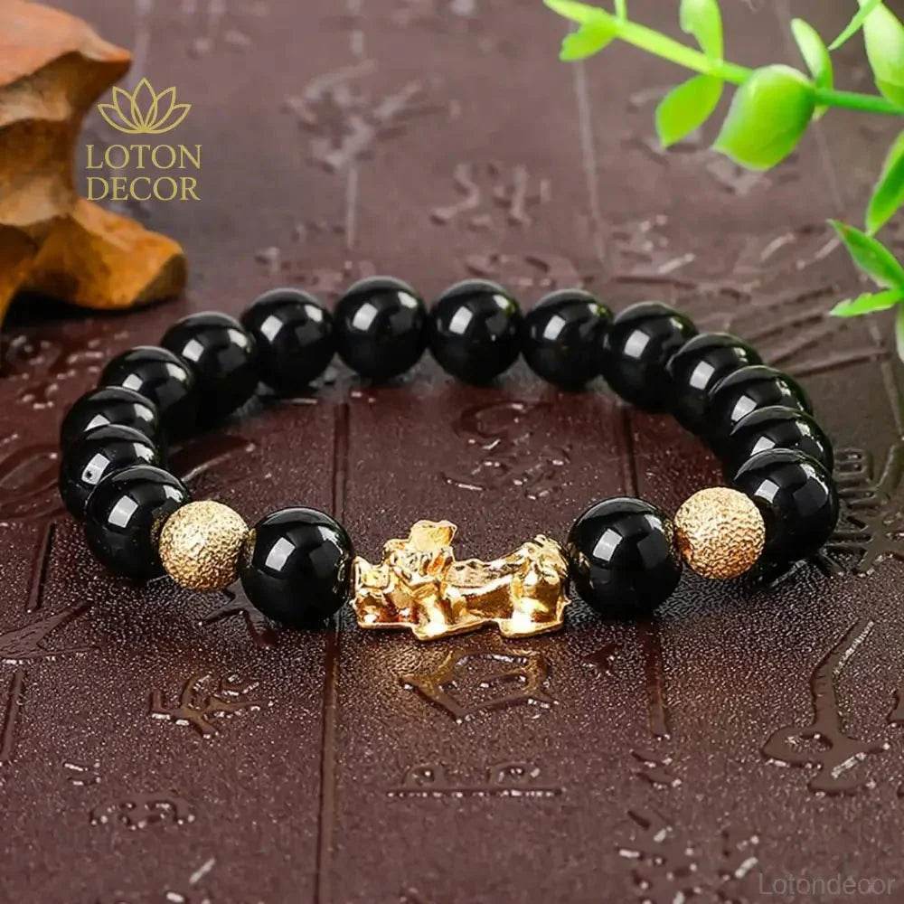 Gold Pi Yao Feng Shui Bracelet – Black Obsidian Amulet - Loton Decor