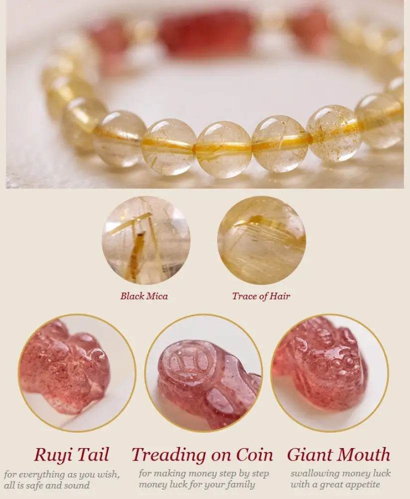 Gold Rutilated Crystal Pi Xiu Bracelet Strawberry Pi Yao Feng Shui Bracelet Hair of Venus Natural Gem Wealth Amulet - Loton Decor