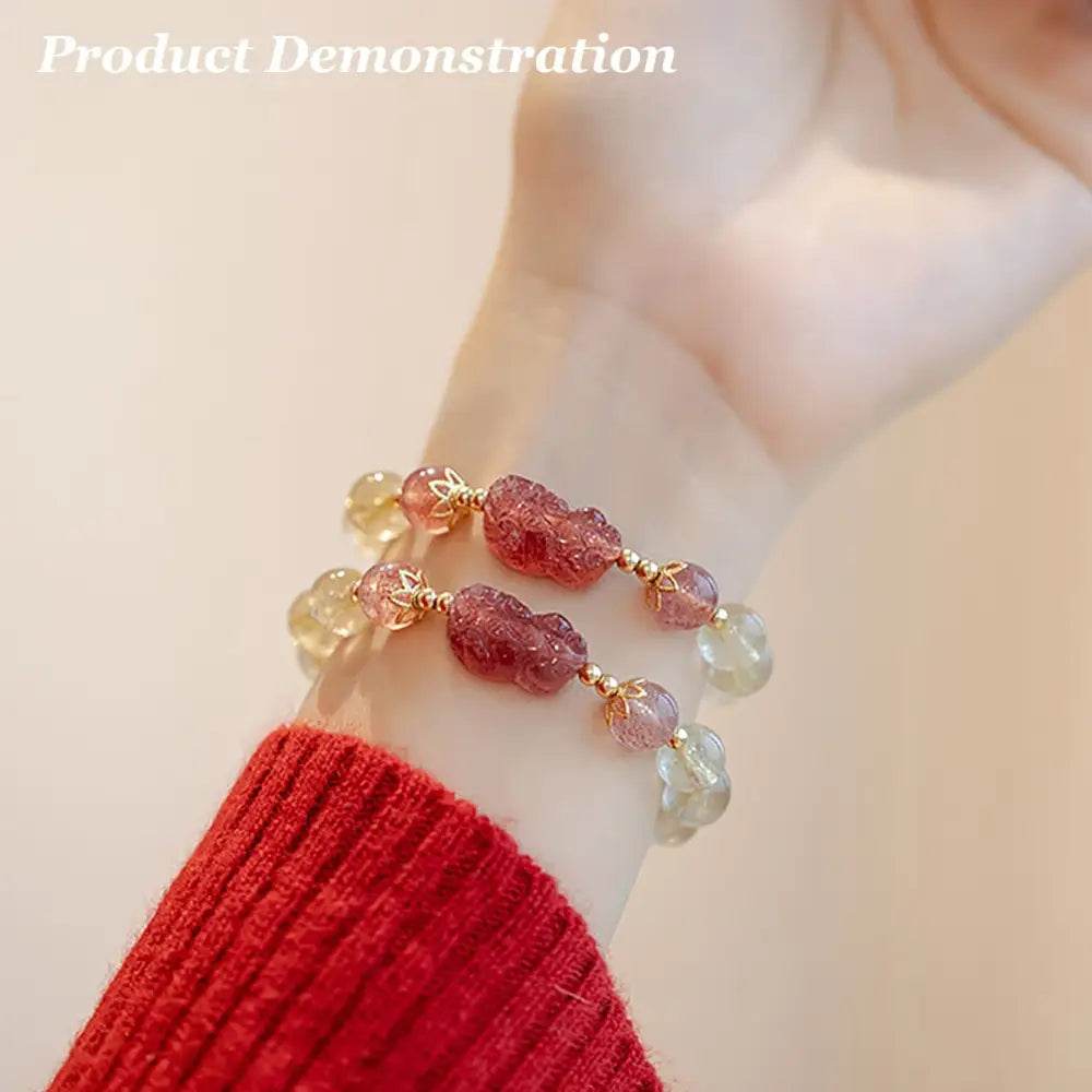 Gold Rutilated Crystal Pi Xiu Bracelet Strawberry Pi Yao Feng Shui Bracelet Hair of Venus Natural Gem Wealth Amulet - Loton Decor
