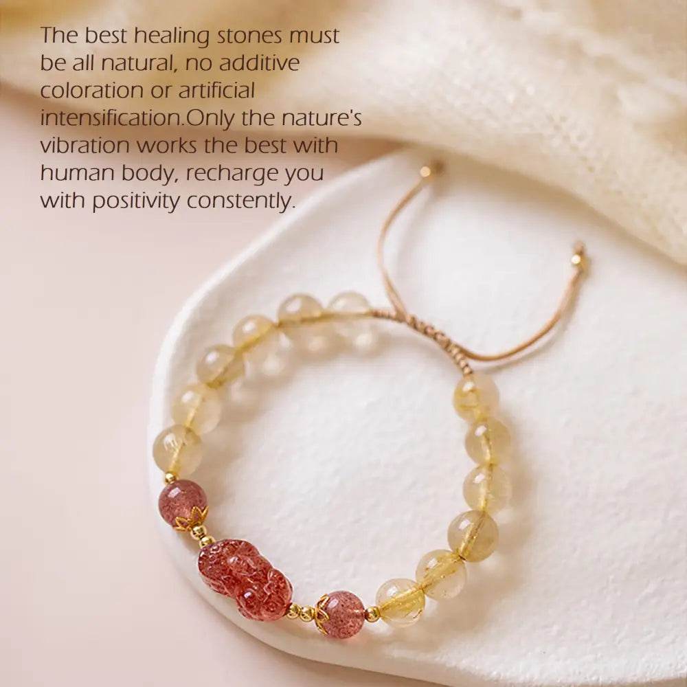 Gold Rutilated Crystal Pi Xiu Bracelet Strawberry Pi Yao Feng Shui Bracelet Hair of Venus Natural Gem Wealth Amulet - Loton Decor