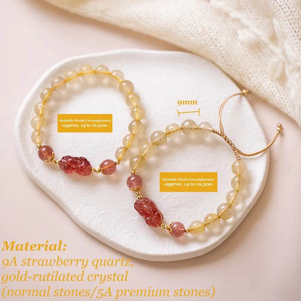 Gold Rutilated Crystal Pi Xiu Bracelet Strawberry Pi Yao Feng Shui Bracelet Hair of Venus Natural Gem Wealth Amulet - Loton Decor