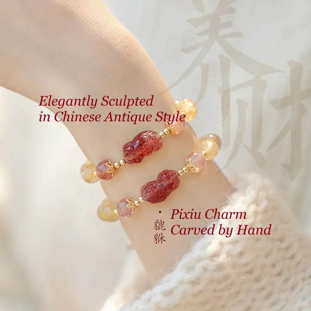 Gold Rutilated Crystal Pi Xiu Bracelet Strawberry Pi Yao Feng Shui Bracelet Hair of Venus Natural Gem Wealth Amulet - Loton Decor